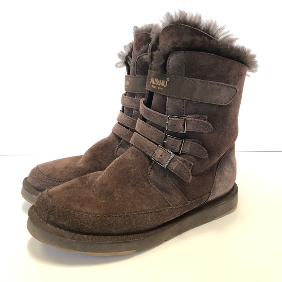 AU&MU Shoes - AU&MU Aumu Womens Shearling Leather Sheepskin Strappy Boots Brown Sz 8